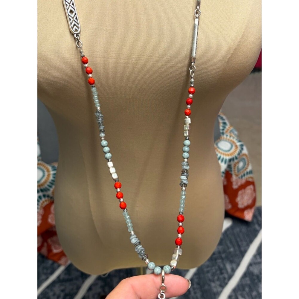 Premier Designs Long Silver-Tone Necklace Coral Light Blue Beads - Picture 3 of 4